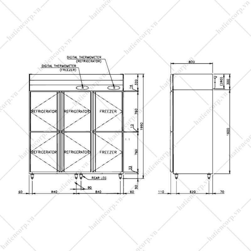 bản vẽ tủ nửa đông nửa mát 6 cánh hoshizaki 03