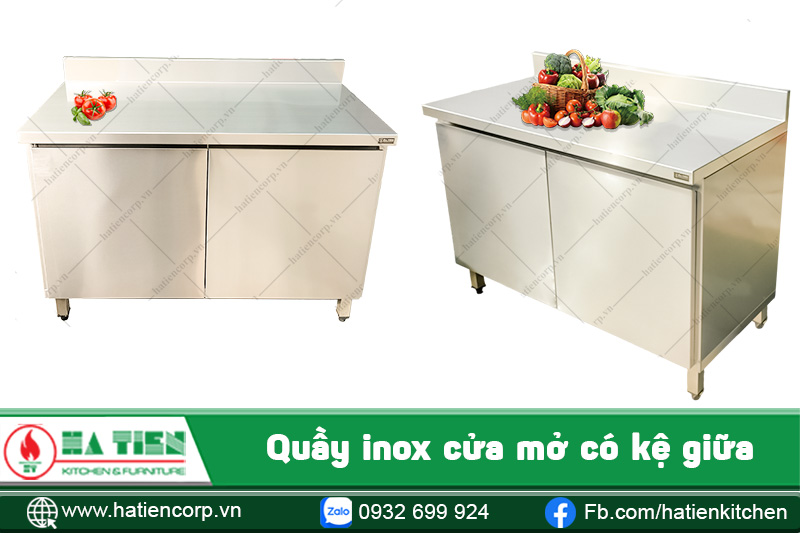 Quầy inox 2 cánh cửa mở có kệ giữa