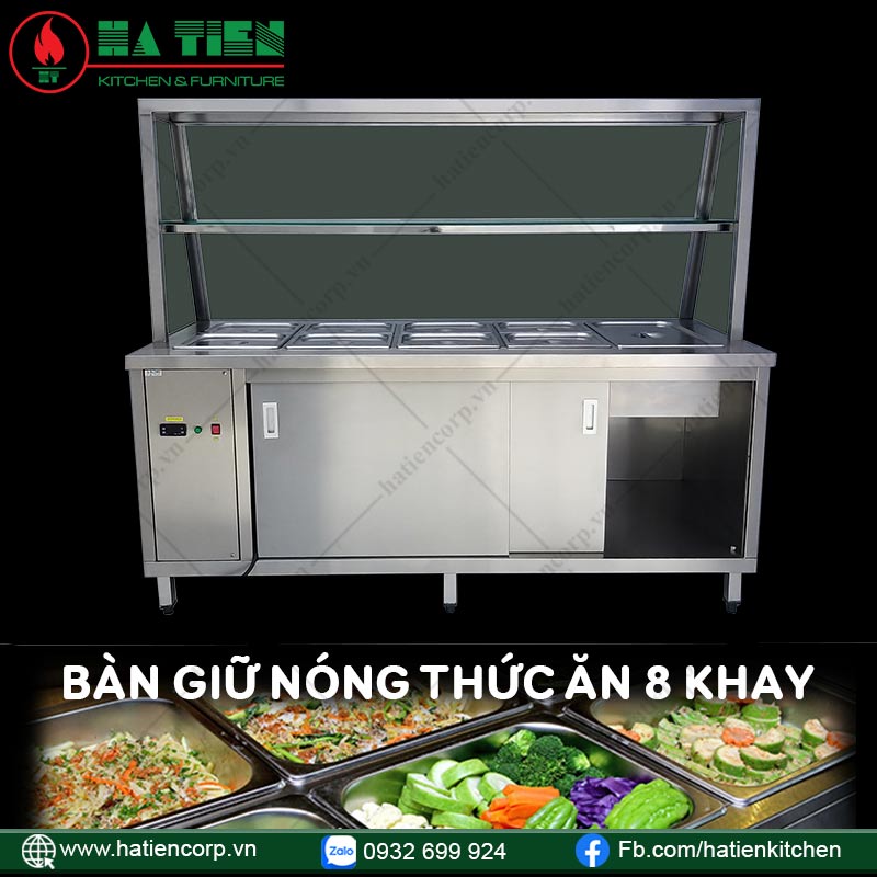 Bàn Giữ Nóng Thức Ăn 8 Khay Có Kính - Tủ Giữ Nóng Thức Ăn Công Nghiệp