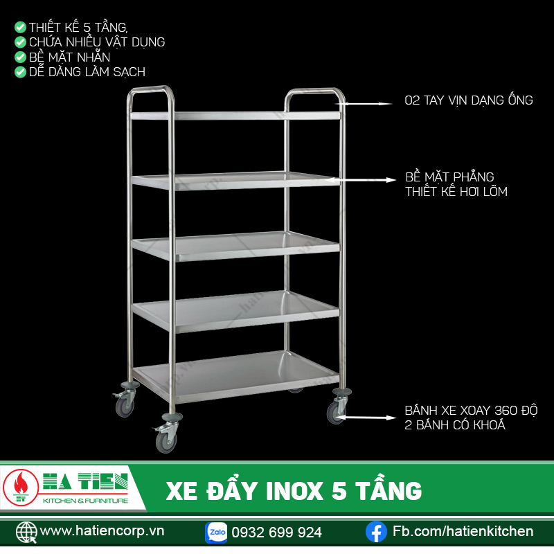 Xe đẩy inox 5 tầng - Tiện lợi và hiệu quả khi di chuyển vật dụng
