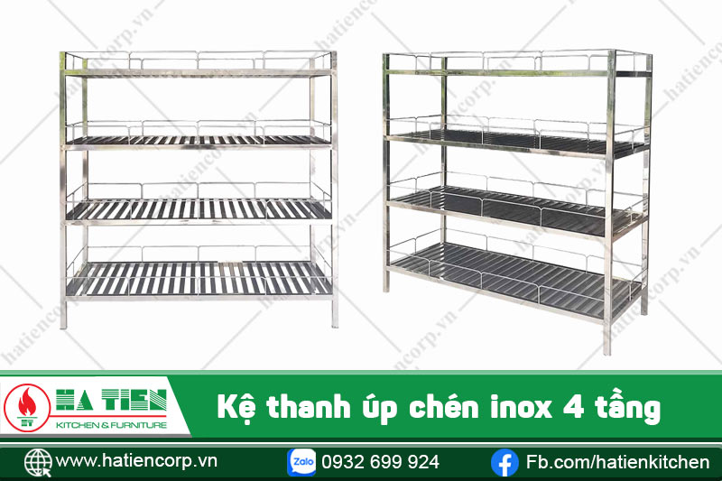kệ úp chén inox 4 tầng, kệ thanh có lan can
