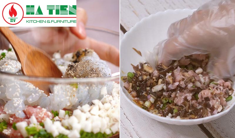 Trộn nhân làm há cảo hấp tôm thịt