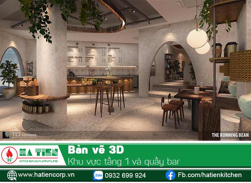 Bản vẽ 3D - Khu vực tầng 1 và quầy bar