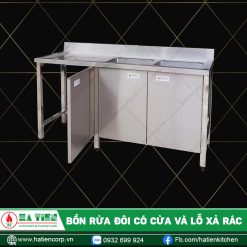 bồn rửa bát inox 2 ngăn có cửa mở kèm lỗ xả rác