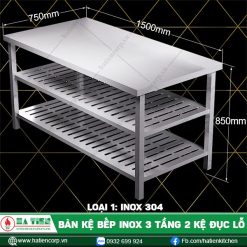 bàn kệ bếp inox 3 tầng 2 kệ đục lỗ B2KL-15