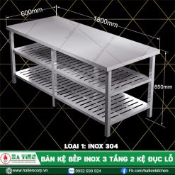bàn kệ bếp inox 3 tầng 2 kệ đục lỗ B2KL6-18