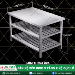 bàn kệ bếp inox 3 tầng 2 kệ đục lỗ B2KL6-12