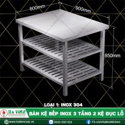 bàn kẹ bếp inox 3 tầng 2 kệ đục lỗ B2KL6-9