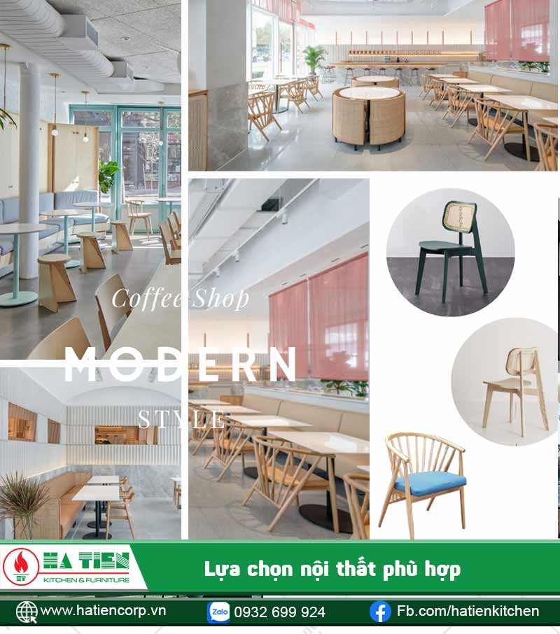 Nội thất bao gồm bàn, ghế, quầy bar... với nhiều chất liệu và kiểu dáng khác nhau