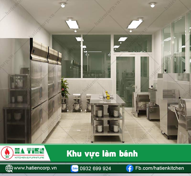 Khu vực làm bánh với tủ mát và các loại máy hiện đại như máy trộn bột, máy cán bột, máy ủ bột....