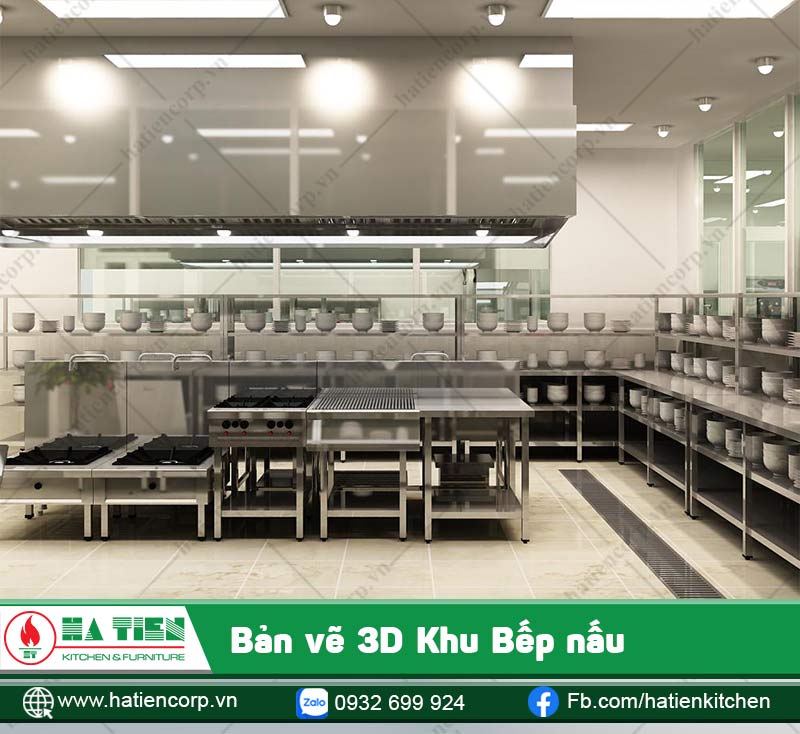 Khu bếp nấu với các loại bếp và hệ thống hút khói