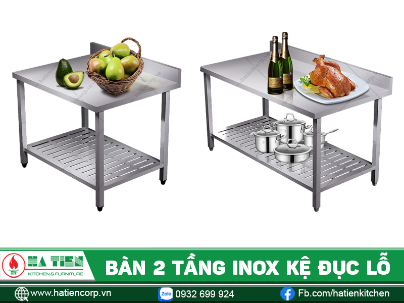 bàn inox 304 2 tầng 1 kệ đục lỗ
