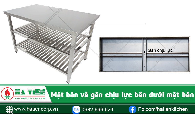 Gân chịu lực bên dưới mặt bàn inox 3 tầng