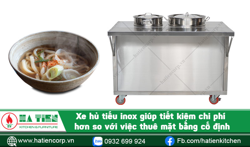 Xe hủ tiếu inox nhỏ Xe hủ tiếu inox thiết kế nhỏ gọn, dẽ dàng di chuyển