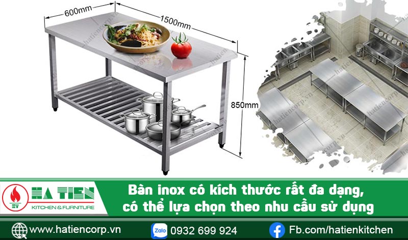 Bàn inox có kích thước rất đa dạng