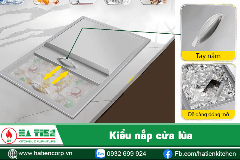 thùng đá inox âm bàn nắp dạng cửa lùa