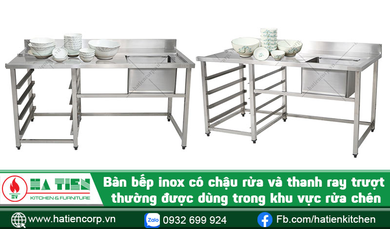Bàn bếp inox có chậu rửa trong khu vực rửa chén