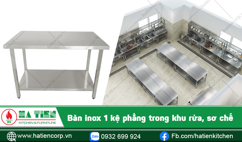 Bàn inox trong khu vực sơ chế