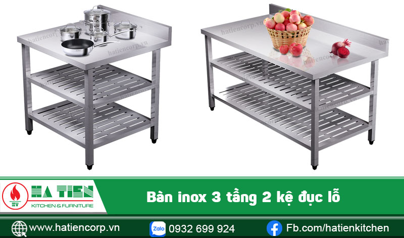 Bàn inox 3 tầng 2 kệ đục lỗ