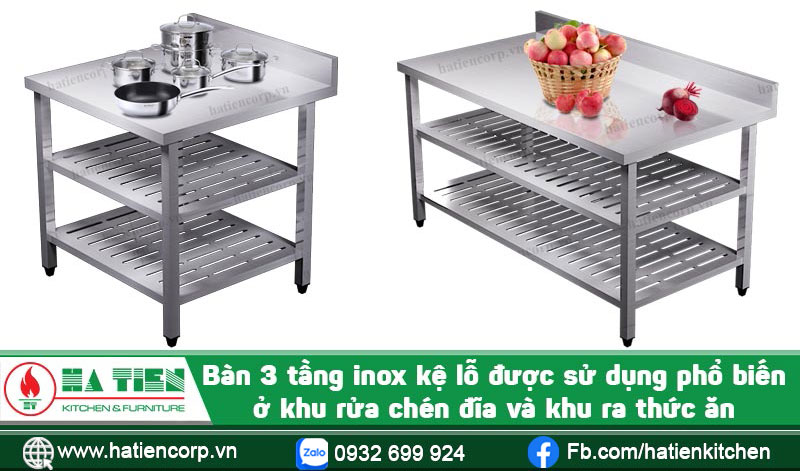 Bàn inox chữ nhật 3 tầng 2 kệ đục lỗ
