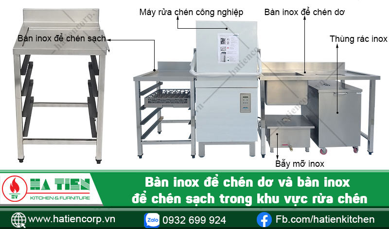 Bàn inox để chén dơ và bàn inox để chén sạch