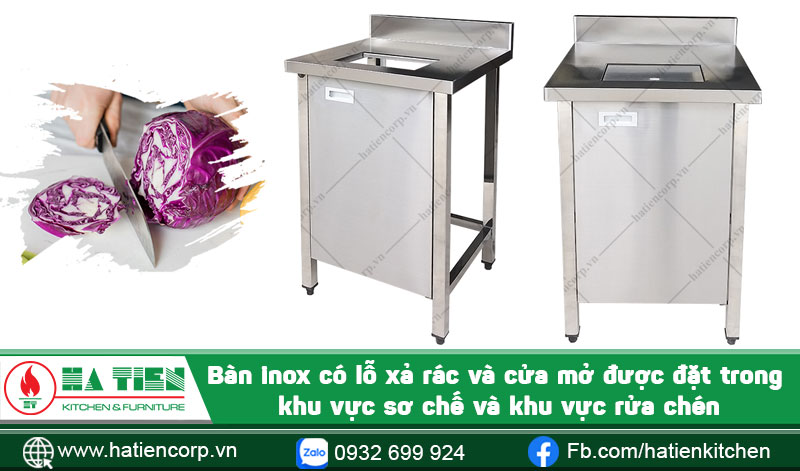 Bàn inox có lỗ xả rác và cửa mở