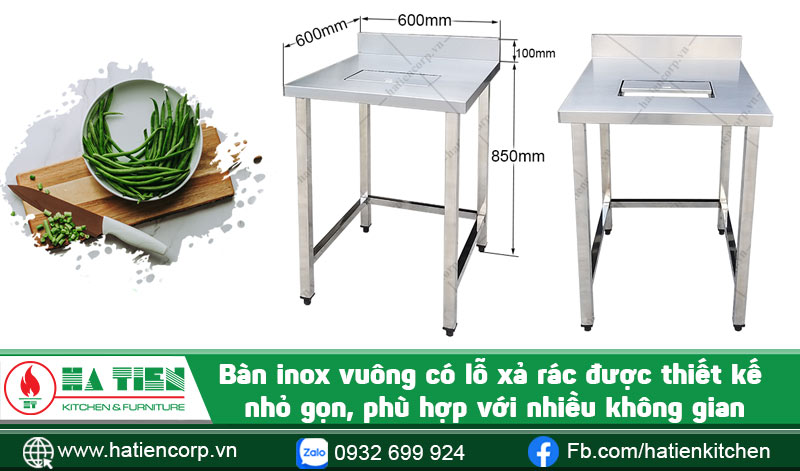 Bàn inox vuông có lỗ xả rác