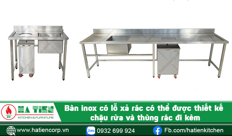 bàn inox vuông có lỗ xả rác và chậu rác