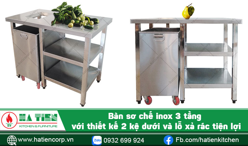 bàn sơ chế inox 3 tầng có lỗ xả rác và 2 kệ dưới