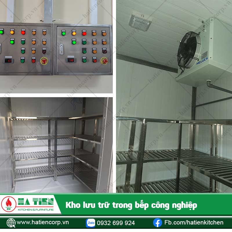 Bên trong kho chừa nhiều kệ inox để đặt các vật dụng và nguyên vật liệu