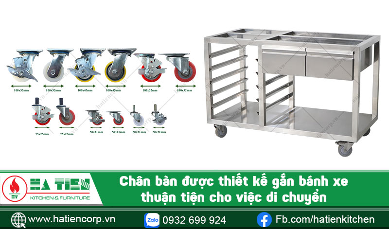 Chân bàn bếp inox mặt đá được gắn bánh xe