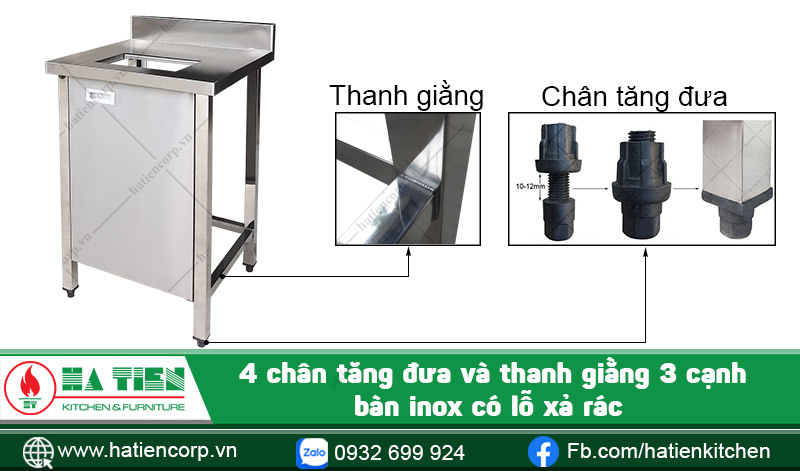 Chân và thanh giằng bàn inox có lỗ xả rác