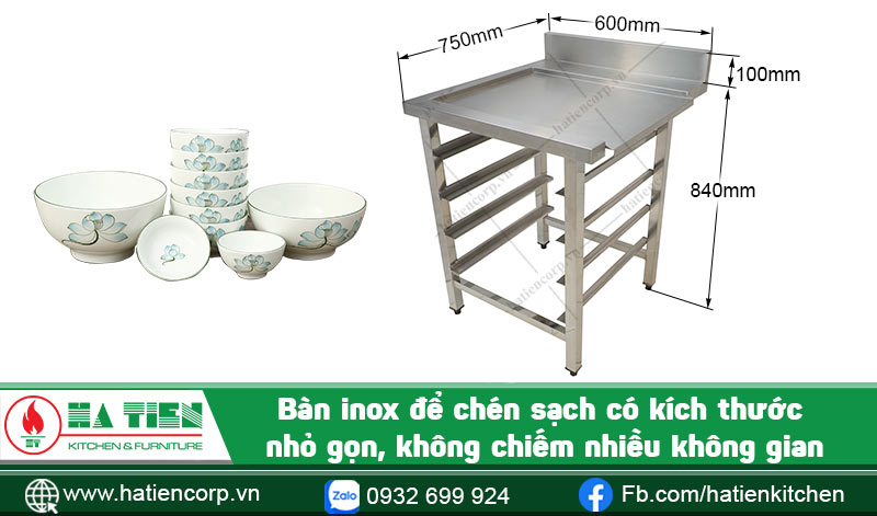 Bàn inox để chén sạch với kích thước nhỏ