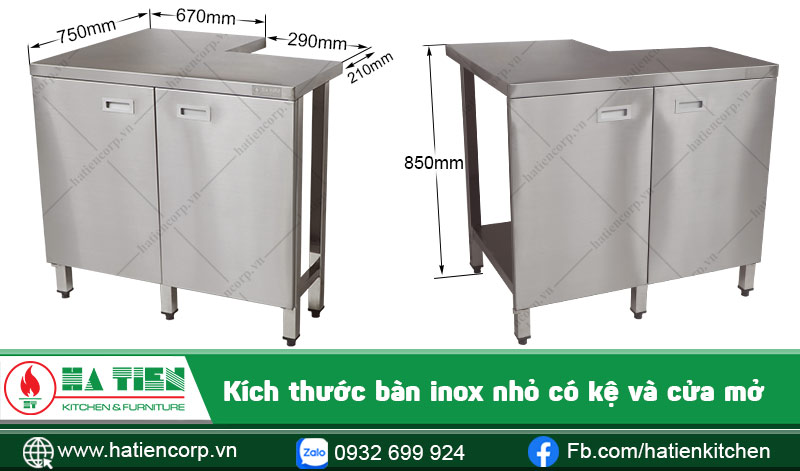 Kích thước bàn inox nhỏ có kệ và cửa