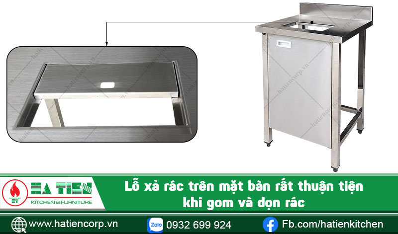 Lỗ xả rác trên mặt bàn inox