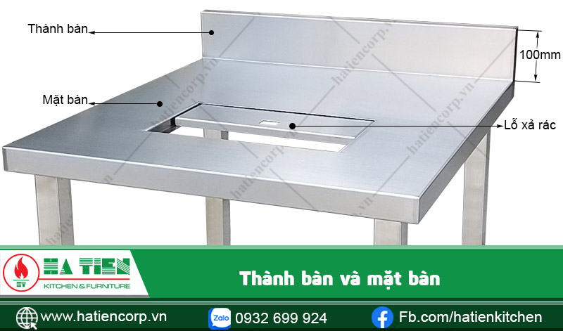 Thành và mặt bàn inox có lỗ xả rác