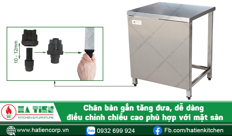 Chân bàn inox cửa mở được thiết kế gắn tăng đưa