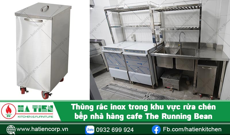 Thùng rác inox trong bếp nhà hàng cafe The Running Bean