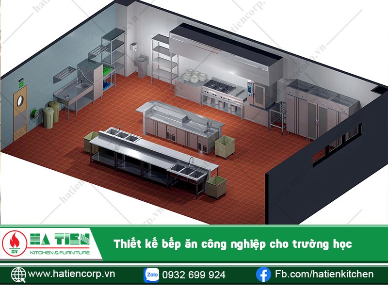 Bếp ăn cho trường học nhỏ gọn và đầy đủ các khu vực