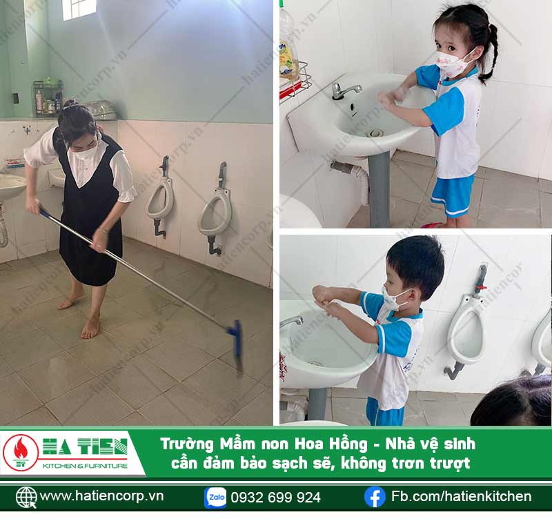 Thiết kế nhà vệ sinh an toàn, sạch sẽ, có chiều cao phù hợp với các bé