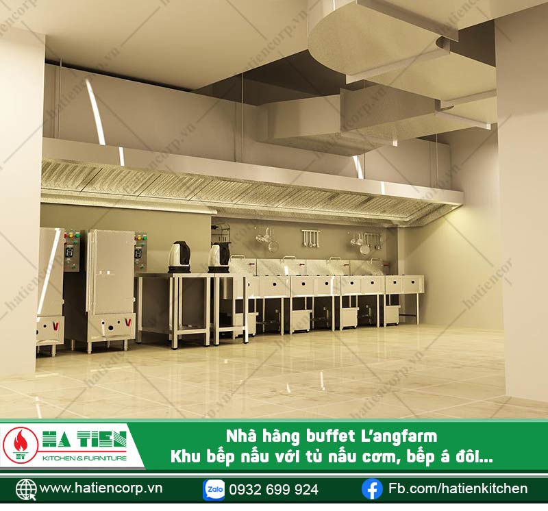 Khu bếp nấu với các loại bếp và hệ thống hút khói