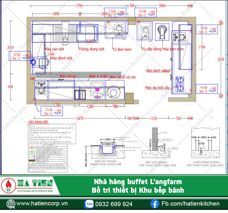 Bản vẽ khu bếp bánh và bố trí thiết bị