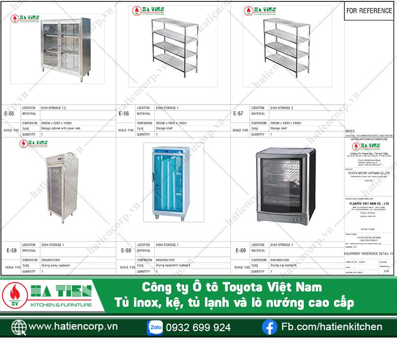Tủ inox cửa mở, kệ nhiều tầng, tủ giữ lạnh và lò nướng