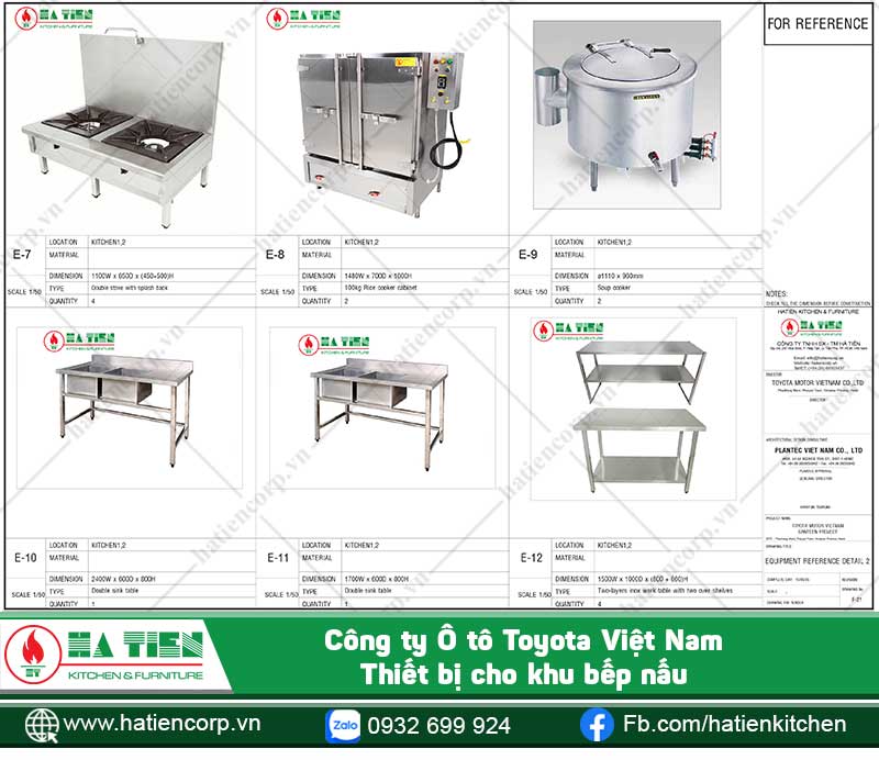 Thiết bị cho khu bếp nấu: Bếp hầm đôi, tủ nấu cơm 100kg, nồi hầm áp suất, chậu rửa 2 ngăn, bàn có kệ dưới...