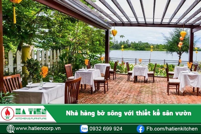 nhà hàng bờ sông với thiết kế sân vườn
