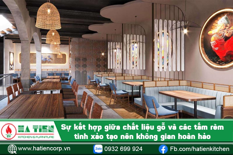 nhà hàng thái thường dùng chất liệu gỗ đễ trang trí