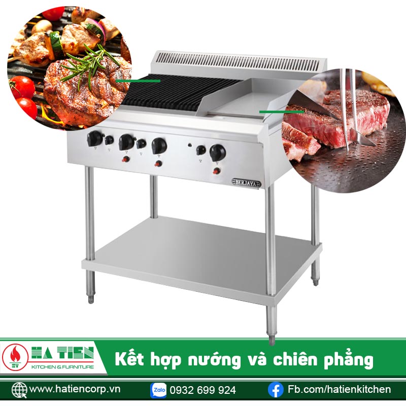 Bếp bao gồm 1 bên chiên phẳng và 1 bến nướng than nhân tạo
