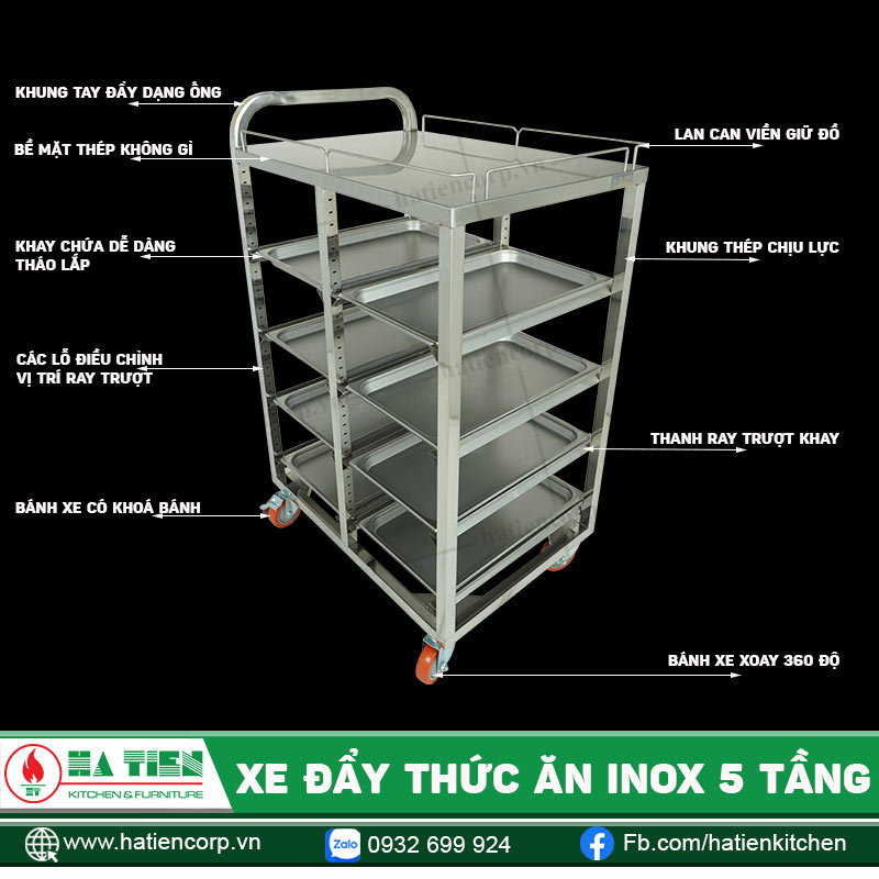 Xe đẩy thức ăn inox 5 tầng Hà Tiên - Xe đẩy khay tiện dụng
