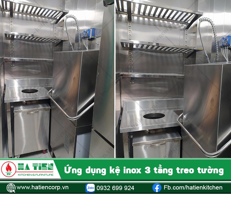 Kệ Inox 3 Tầng Treo Tường Cao Cấp trong khu rửa chén