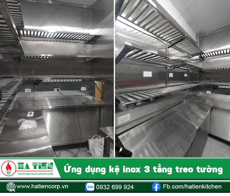 Kệ Inox 3 Tầng Treo Tường Cao Cấp trong khu quầy bar